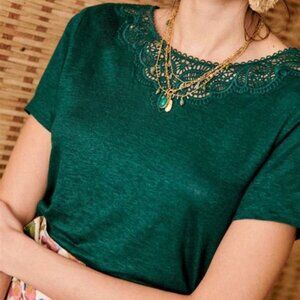 Sezane Mina T-Shirt Teal Linen Crochet Lace (XS)